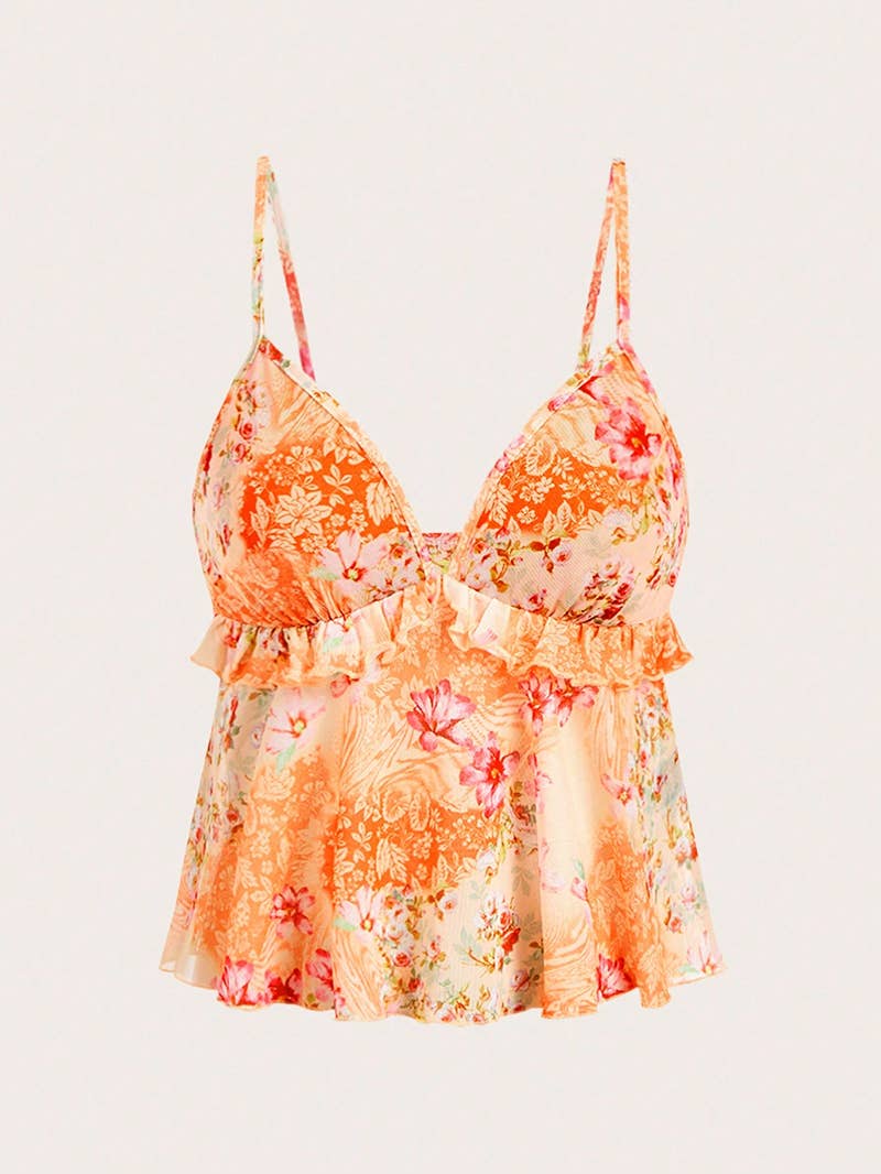 Printed Semi-Transparent Black Ear-Trimmed Top