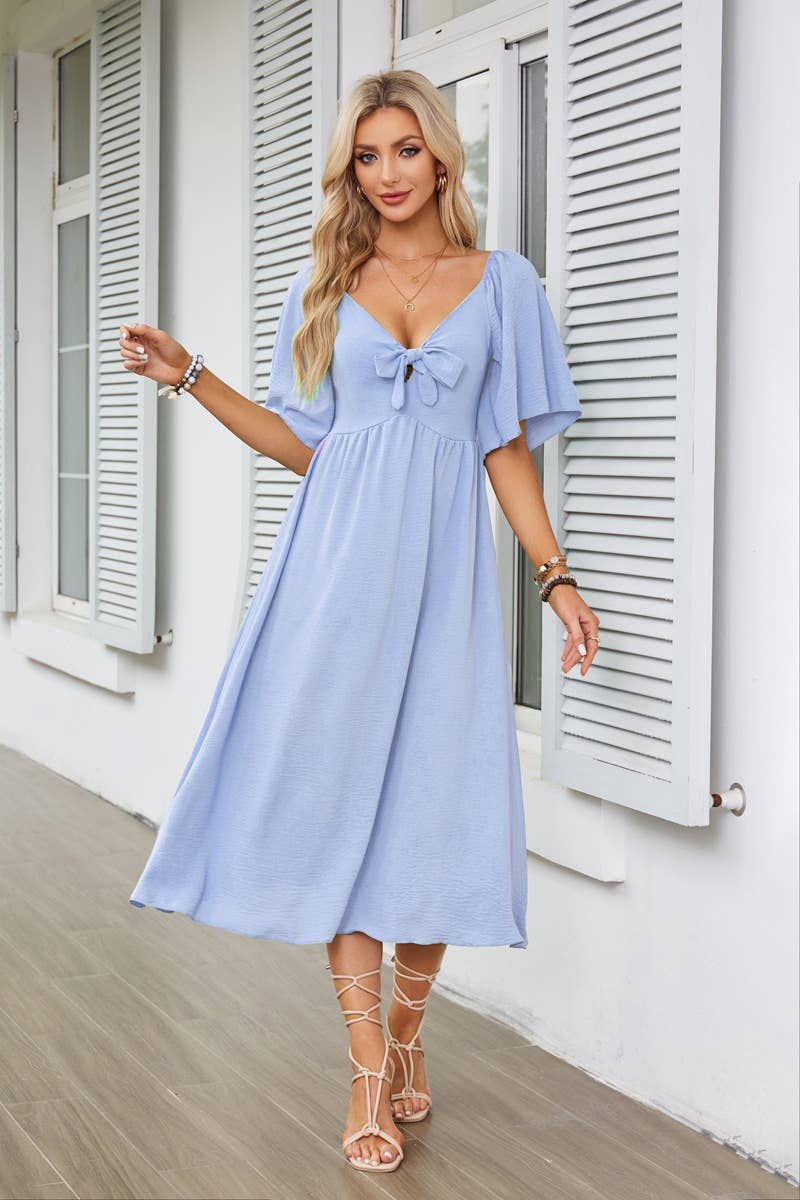 V-neck bow pleated mid-length short-sleeved dress