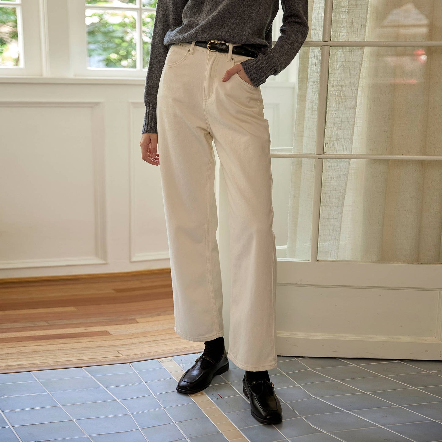 Pure cotton high-waisted straight-leg pants