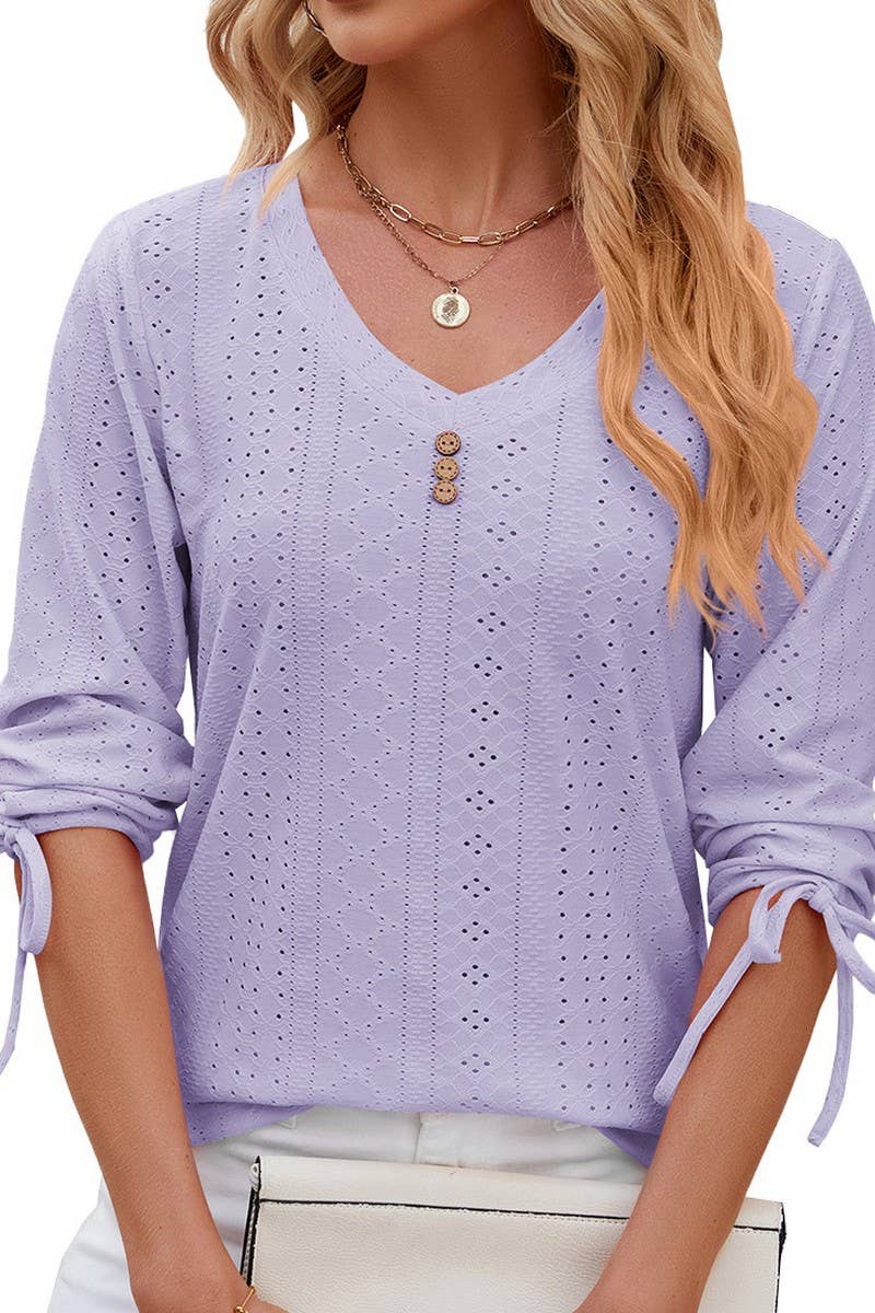 V NECK BUTTON DRAWSTRING T SHIRT_CWTSTS0191