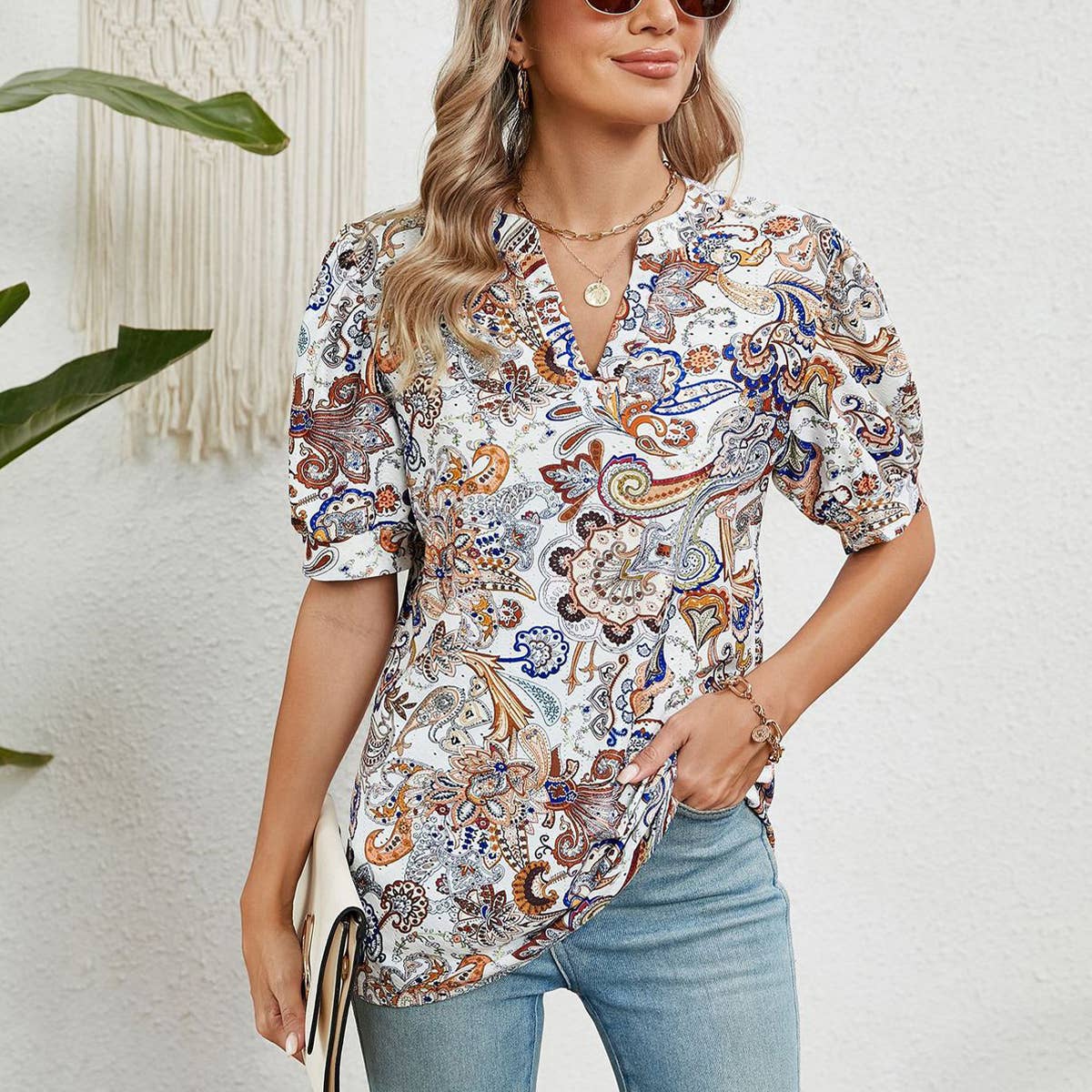 V NECK LOOSE SHORT SLEEVE PRINTED T SHIRT_CWTSTS0315