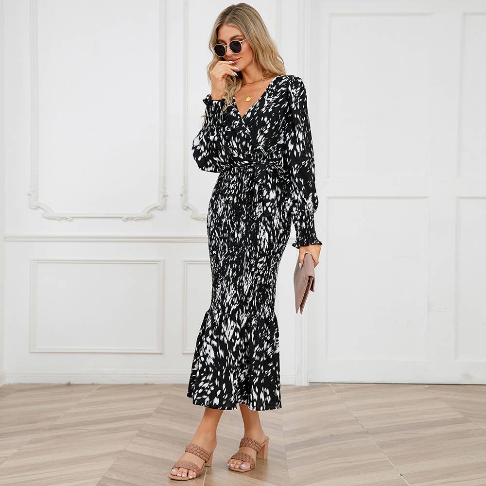 V-Neck Belted Floral Mermaid Maxi Dress