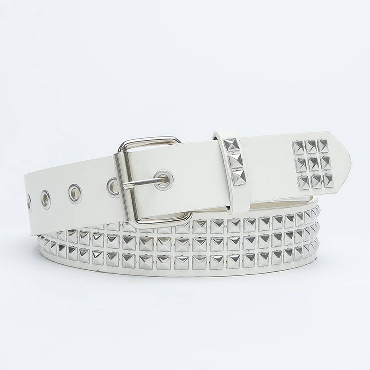 CWABE0374_SQUARE BEAD RIVET PYRAMID INLAID PUNK STYLE  BELT