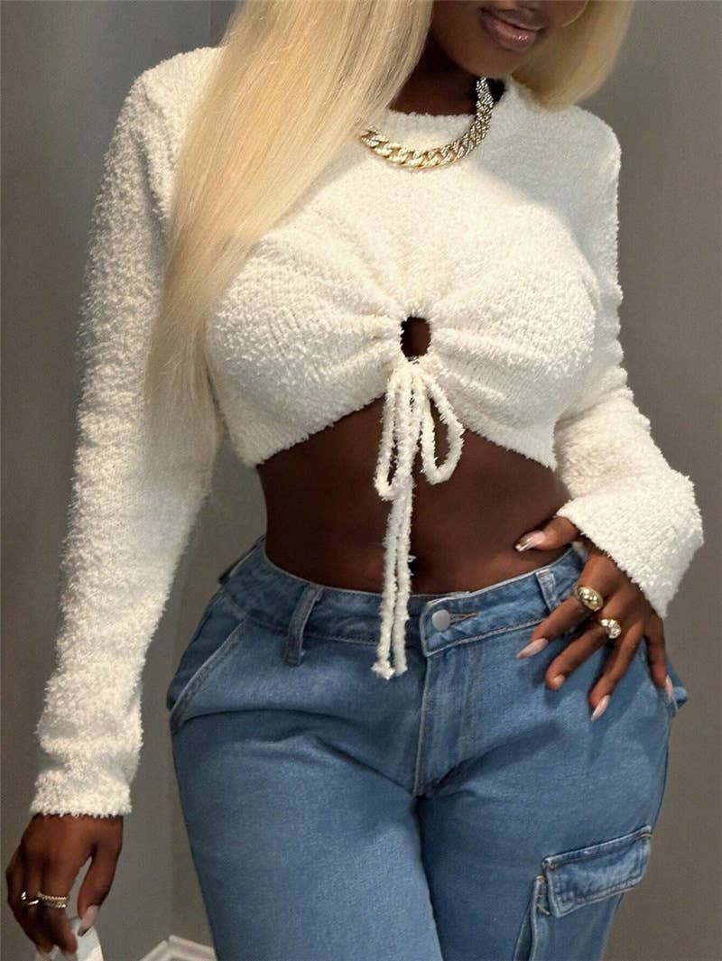 Slim short plush cutout drawstring sweater