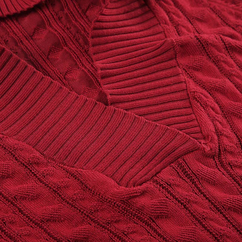 Solid-color deep V-neck hooded knitted sweater