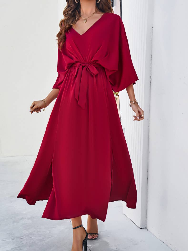 Elegant V-Neck High-Waist Loose Split Maxi Dress