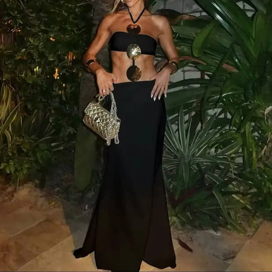 One-shoulder cutout halter sequined dress