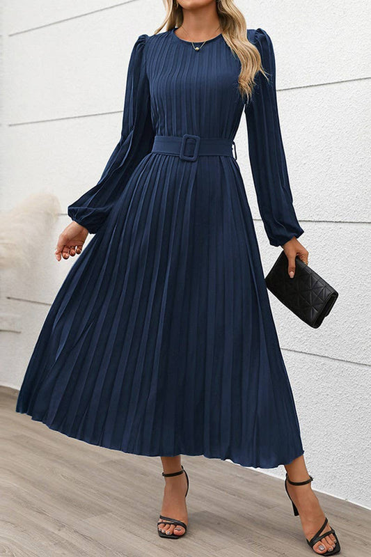 CWDMD01038_ELEGANT VINTAGE LONG SLEEVE PLEATED SOLID DRESS
