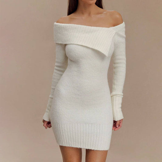 Sexy off-the-shoulder long-sleeved knitted dress