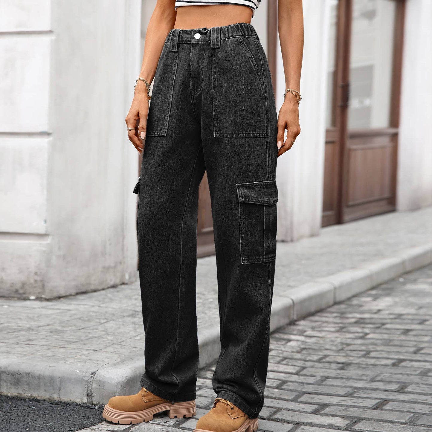 Multi-pocket wide-leg denim workwear jeans