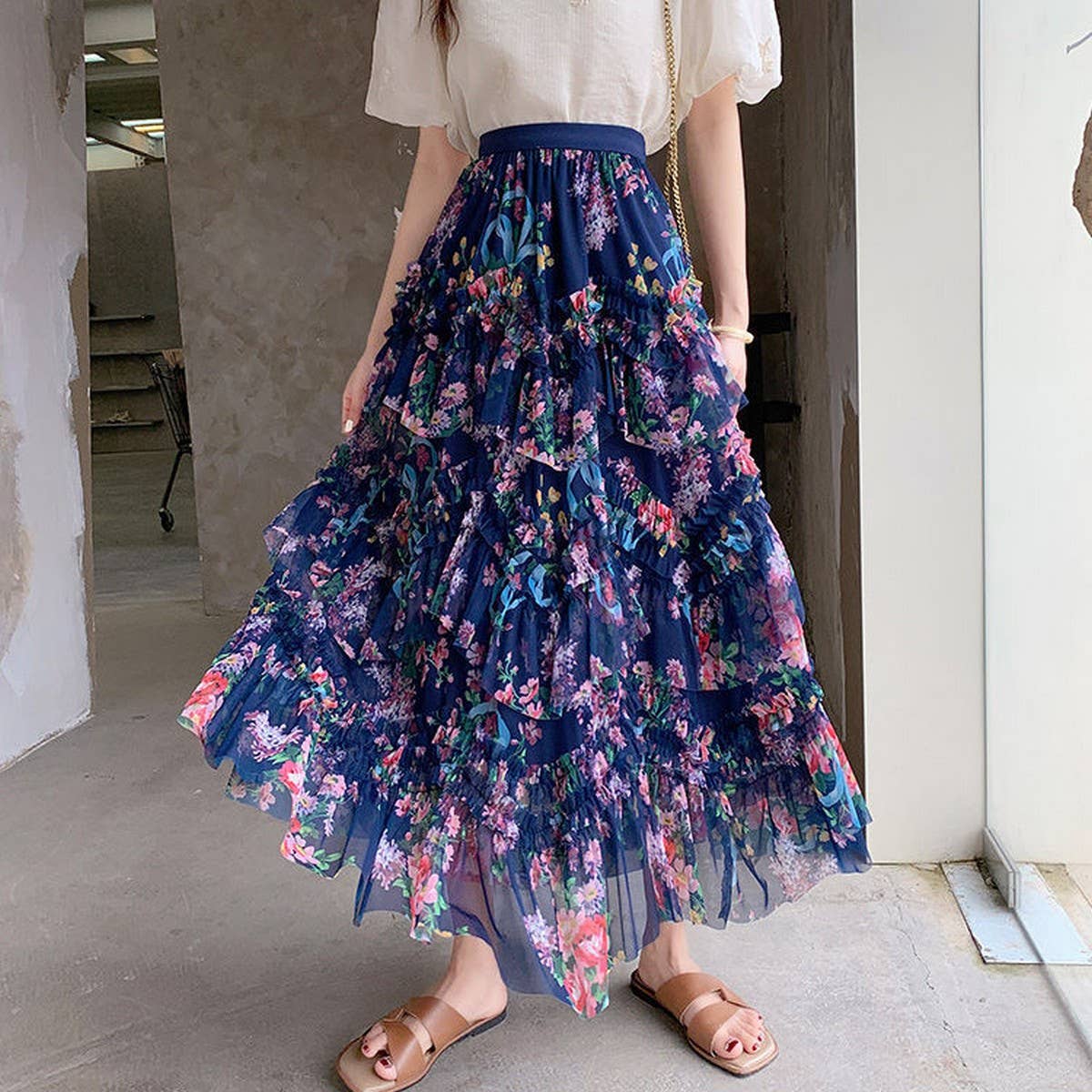 COLORFUL FLORAL MESH PRINT PLEATED TULLE SKIRT