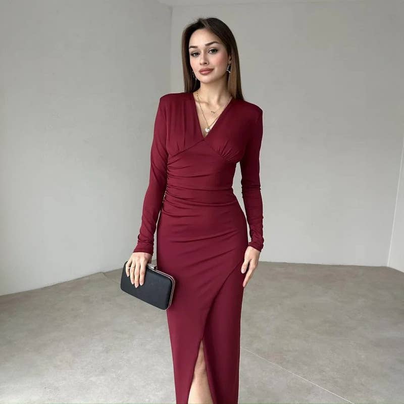 STYLISH V-NECK SLIM-FIT HIGH-WAISTED SLIT DRESS