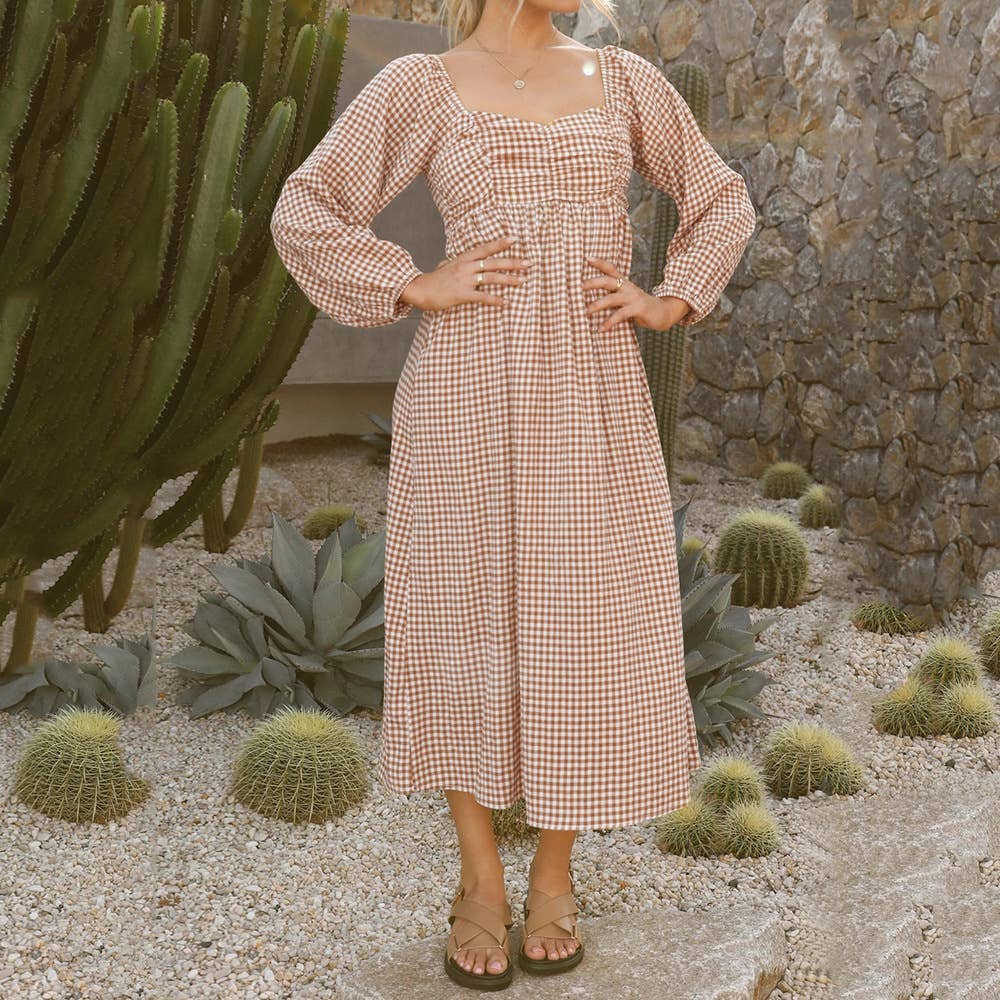 Square collar plaid loose swing mid-length dress