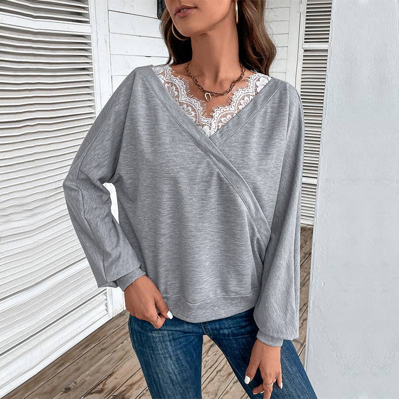 V-neck lace patchwork fashionable pullover shirt
