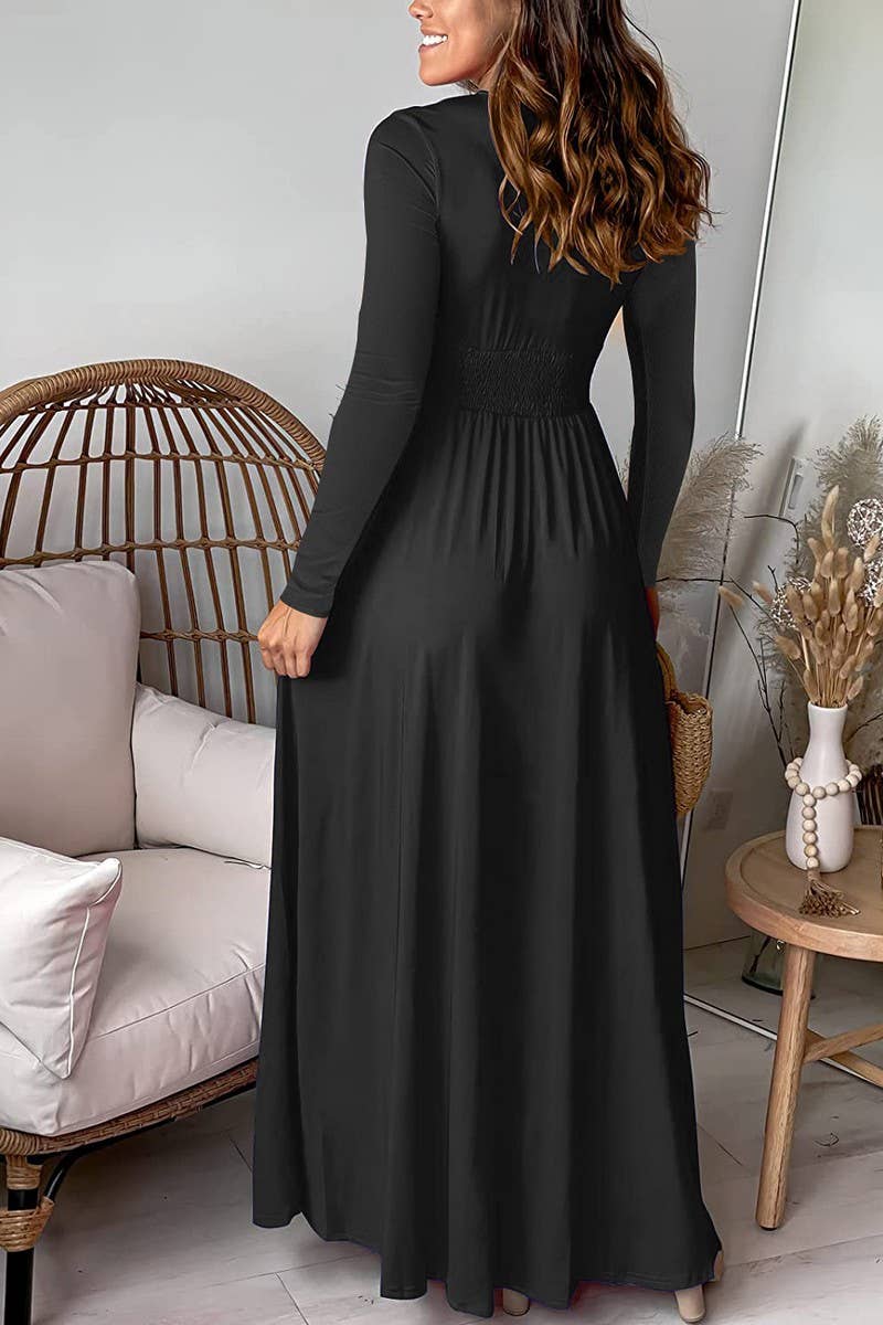 CWDMD5880_DEEP V RUCHED LONG SLEEVE SPLIT MAXI DRESS