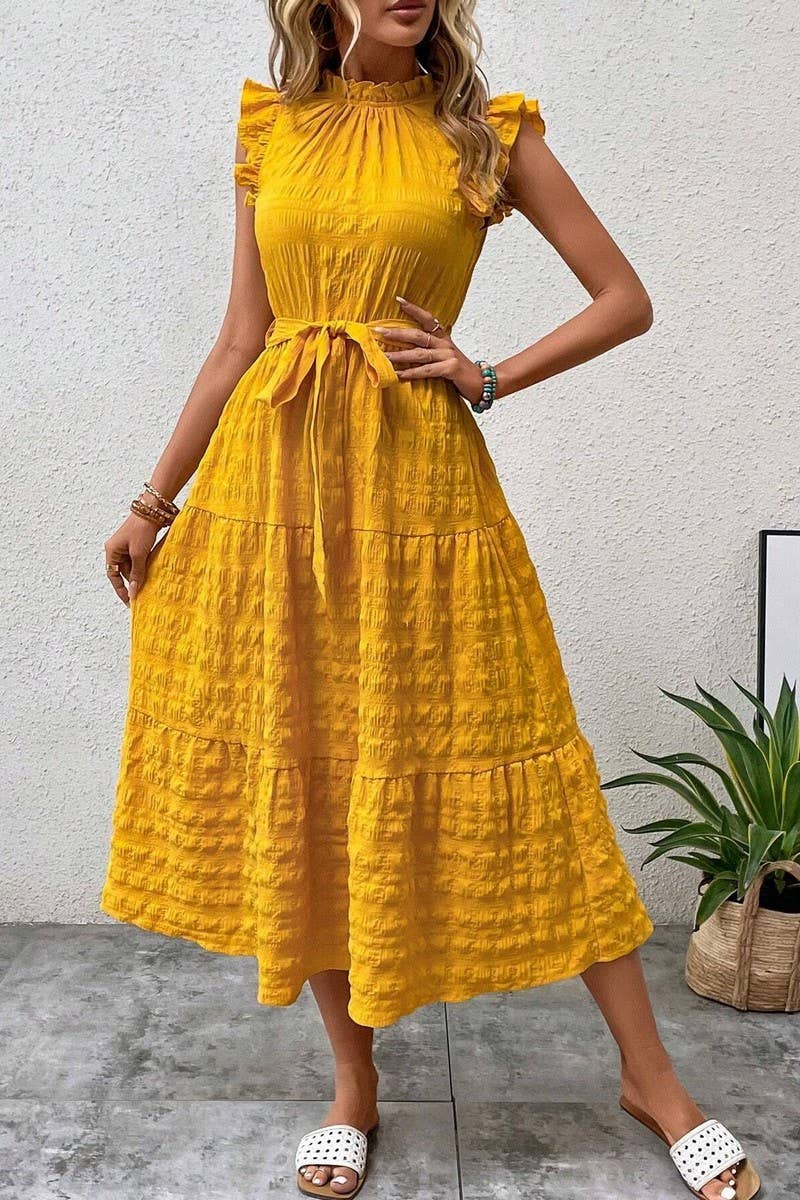 CWDMD4952_SUMMER RUFFLED FLYING SLEEVES TEXTURED DRESS