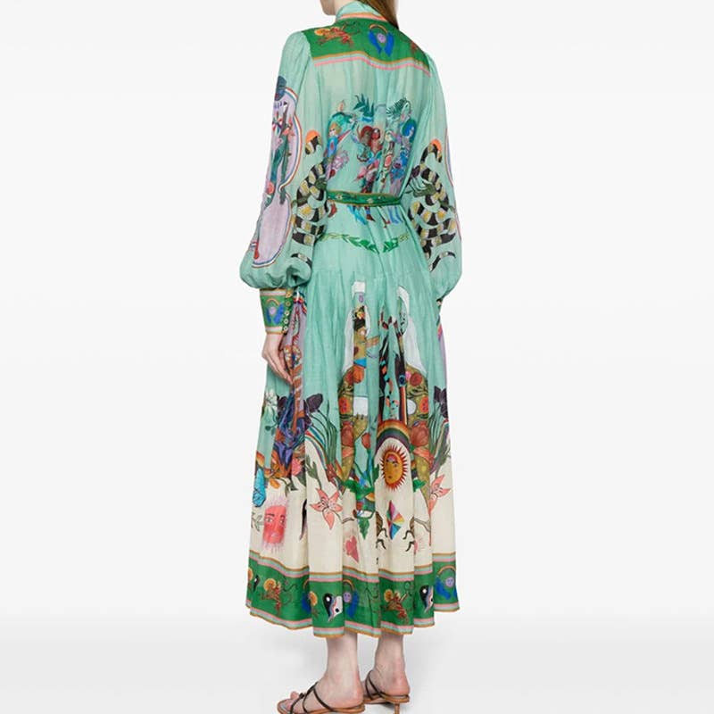 Lantern sleeve print lapel waist swing dress