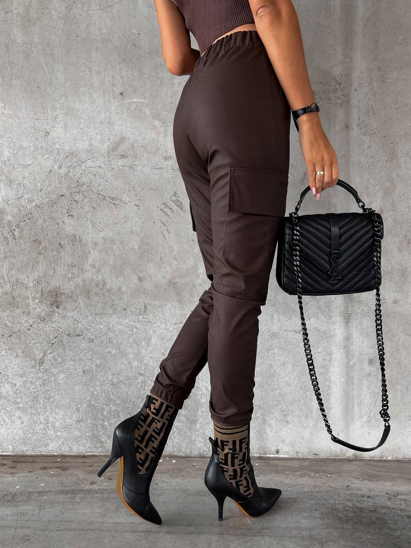 Waist-cinching street drawstring leather pants