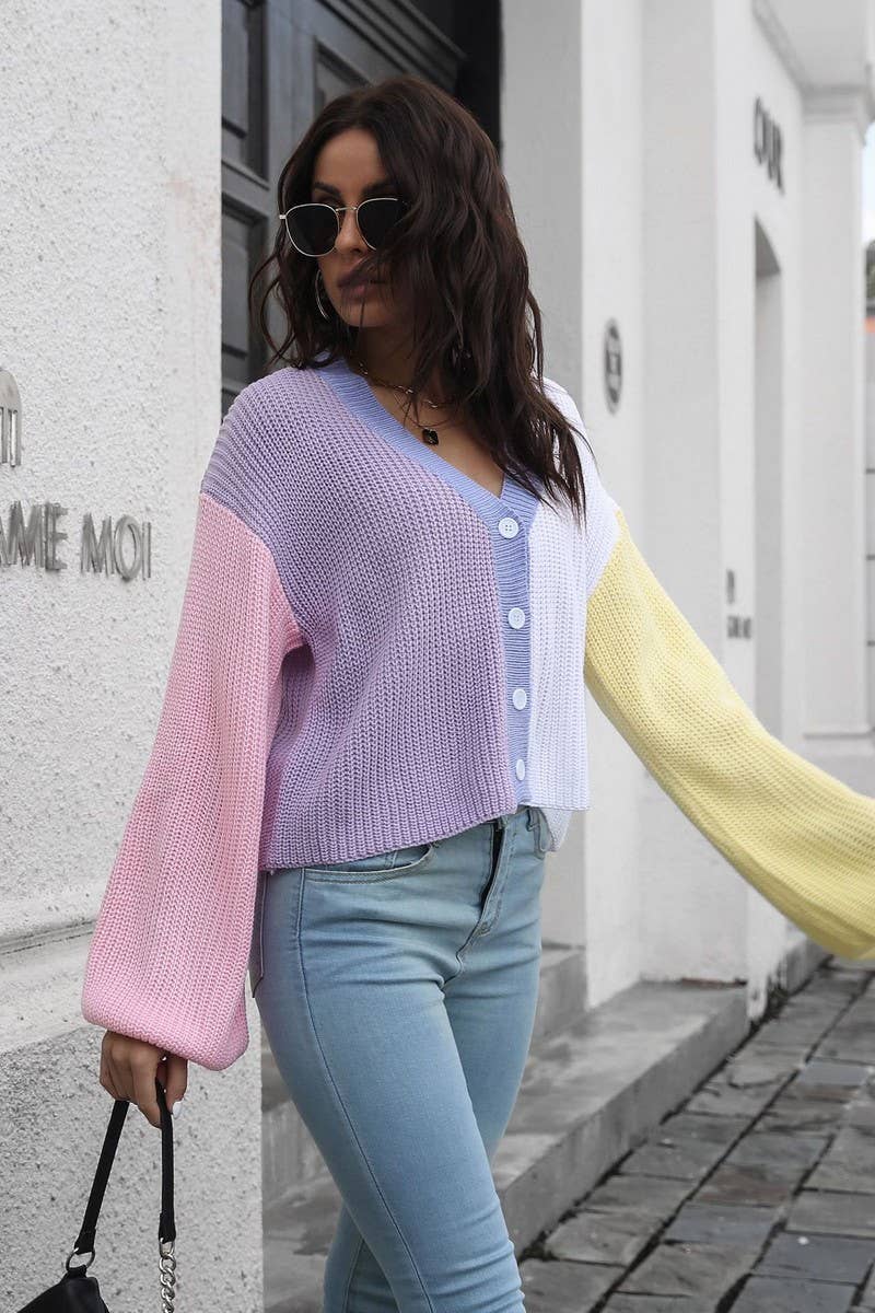 CWOCAL1225_CONTRAST COLOR LONG SLEEVE SHORT KNIT CARDIGAN