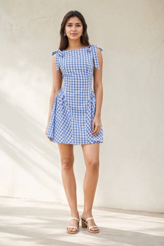 CWDSD8872_PLAID STRIPED TIE WAIST PLEATED SHORT DRESS