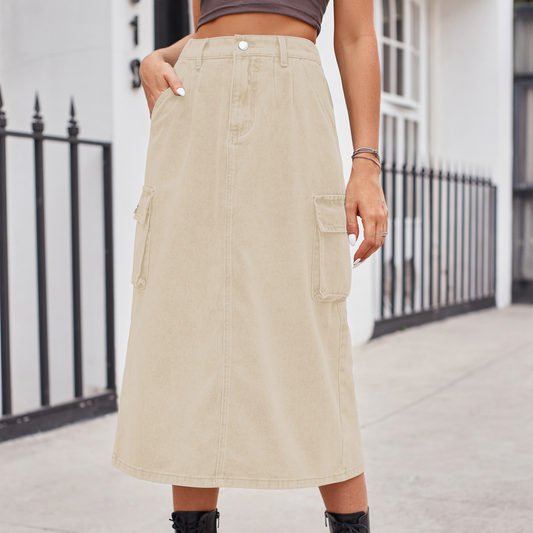 Women??¢s Washed Denim Cargo Midi Skirt Slim Fit_CWJSK0198