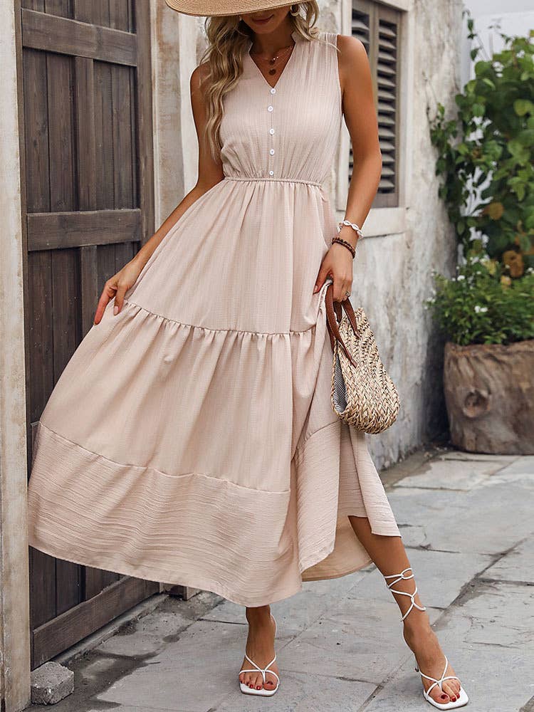 Solid color elegant high waist slim flare dress