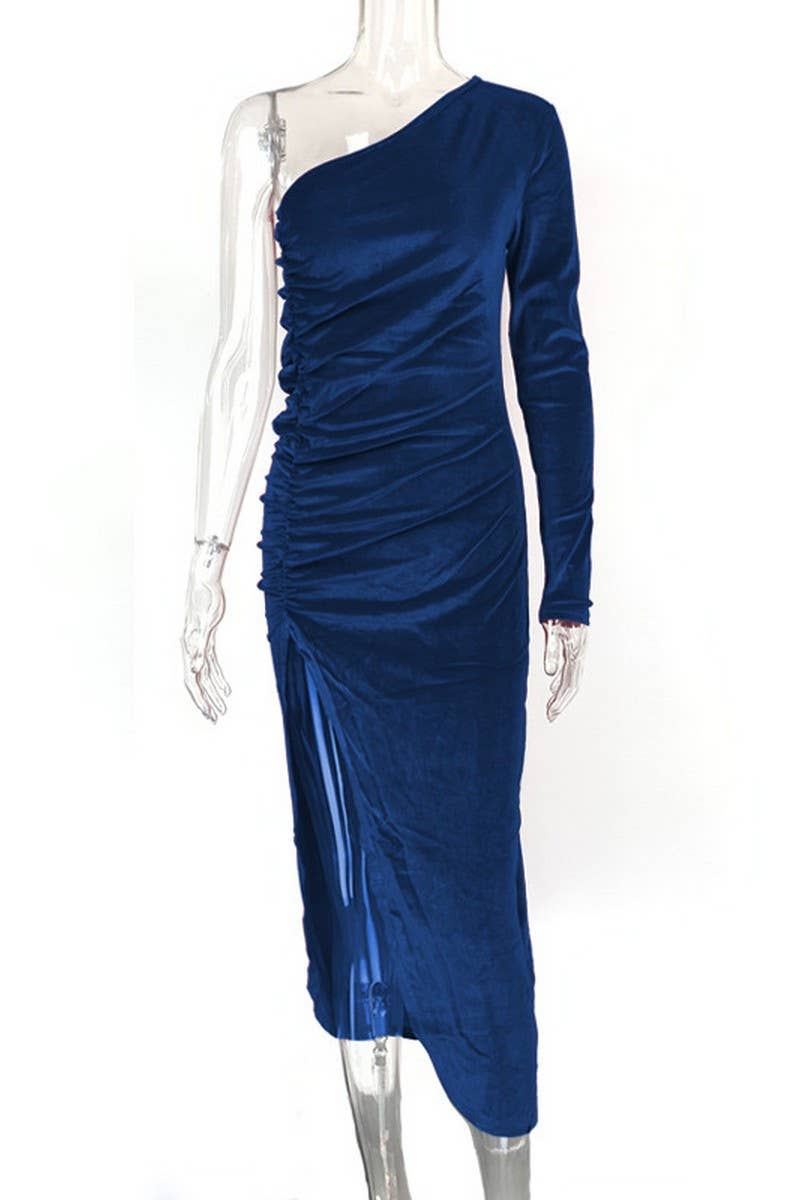 CWDMD4905_VELVET PLEATED SLIT ONE SHOULDER PARTY DRESS