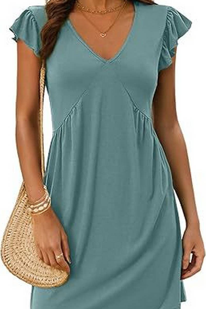CWDSD8807_V-NECK FLYING SLEEVES PLEATED MINI TANK DRESS