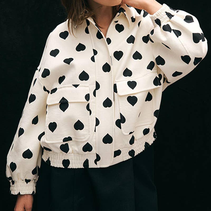 FASHION LOVE PRINT LAPEL ZIPPER CARDIGAN COAT