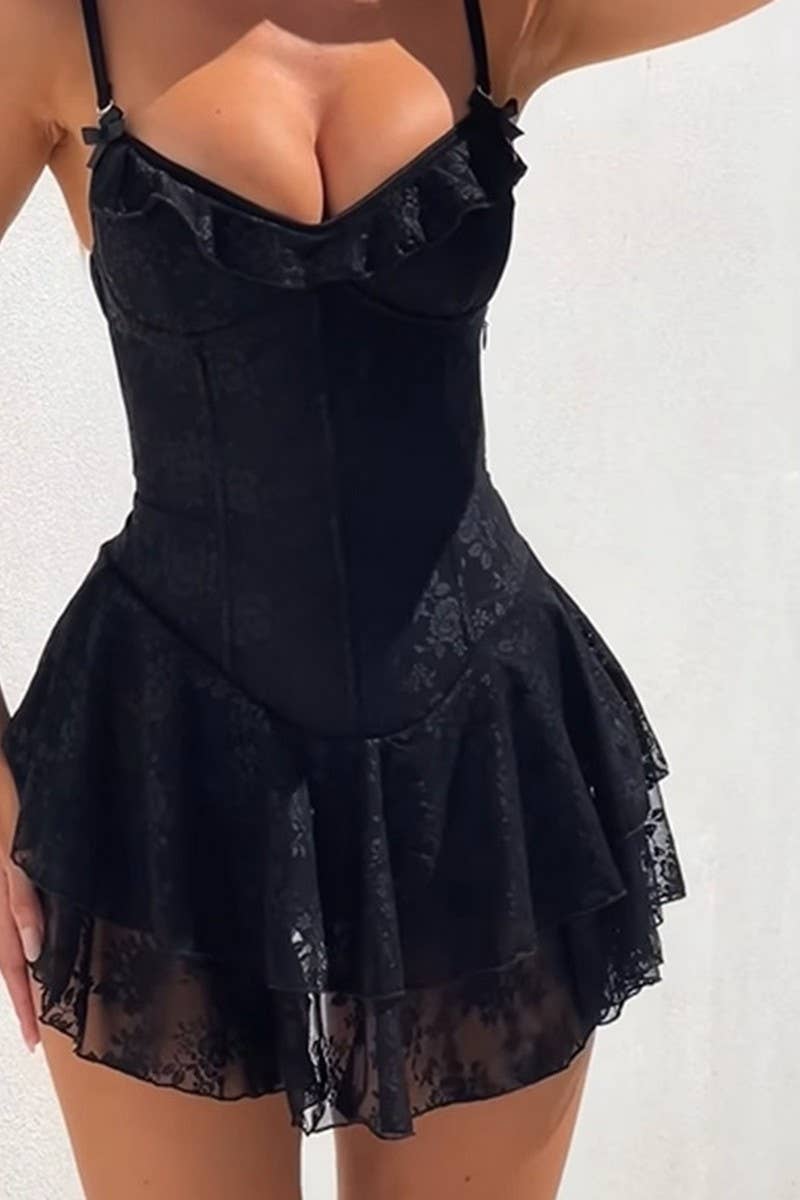 CWDSD6729_SEXY HOT GIRL SUSPENDER RUFFLE LACE A-LINE DRESS
