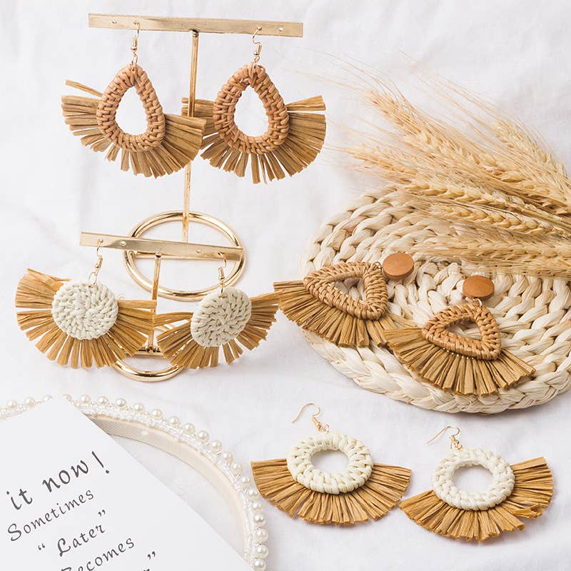 Hand-woven geometric rattan raffia earrings
