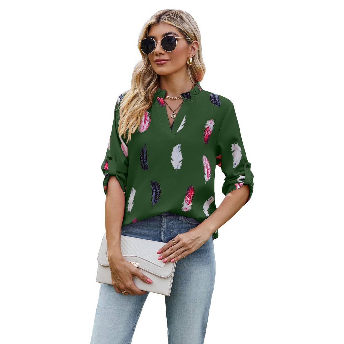 V-neck feather print seven-quarter sleeve shirt