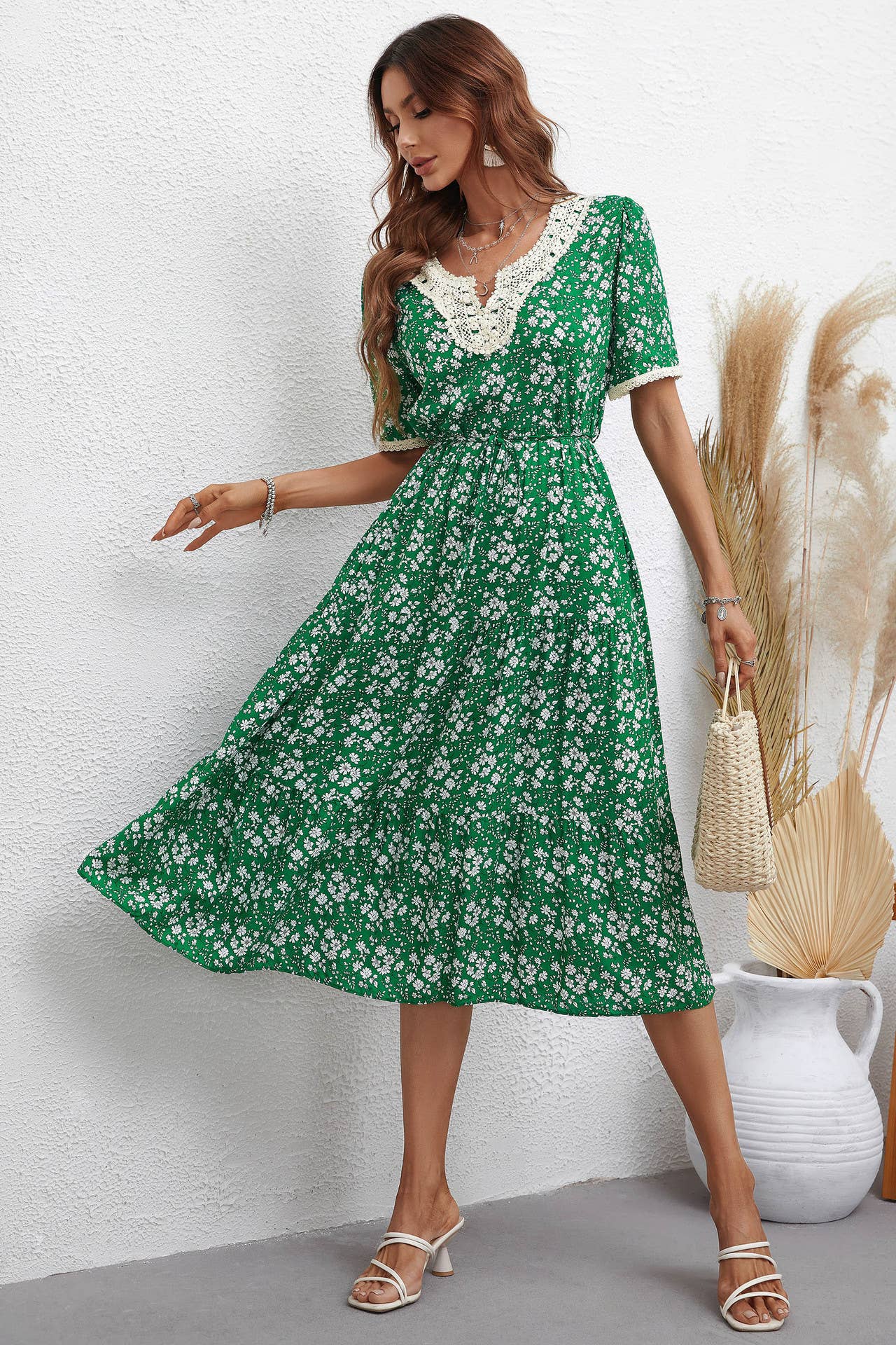 V-NECK FASHION PRINT SLIM-FIT WAISTLINE DRESS