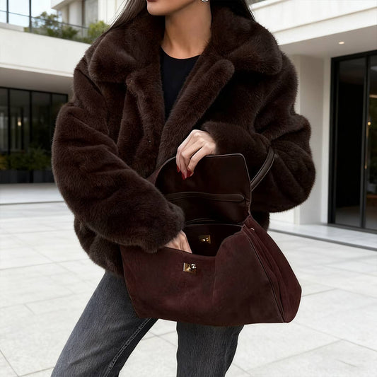 Artificial fur lapel long-sleeved woolen coat
