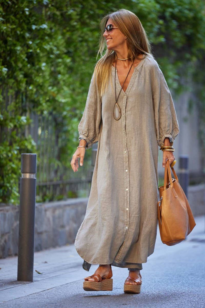 CWDMD6336_LINEN COTTON BUTTON DOWN SHIRT MAXI DRESS