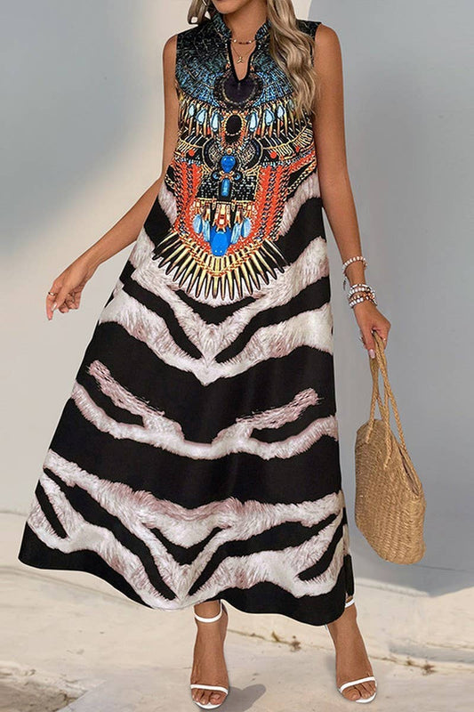 CWDMD4214_V-NECK VINTAGE ANIMAL PRINT SLEEVELESS DRESS