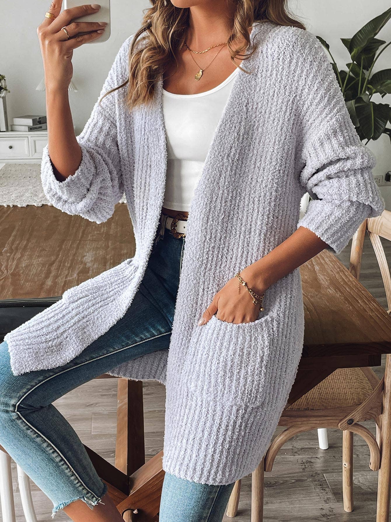 WOVEN SWEATER CASUAL DOUBLE POCKET CARDIGAN