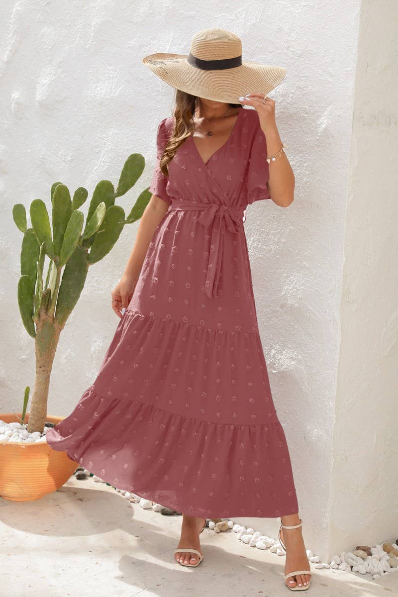 CWDMD2150_V NECK HIGH WAISTED SHORT SLEEVED LONG DRESS