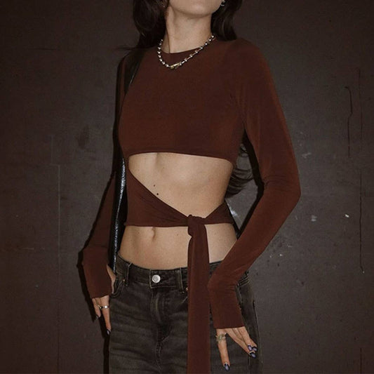 STYLISH SEXY SPICE CREW NECK LACE-UP T-SHIRT