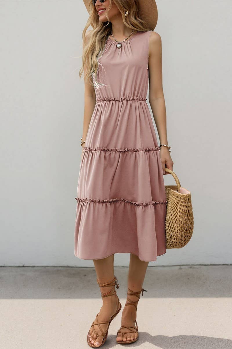 CWDMD5773_SOLID RUFFLED SLEEVELESS PLEATED MIDI DRESS