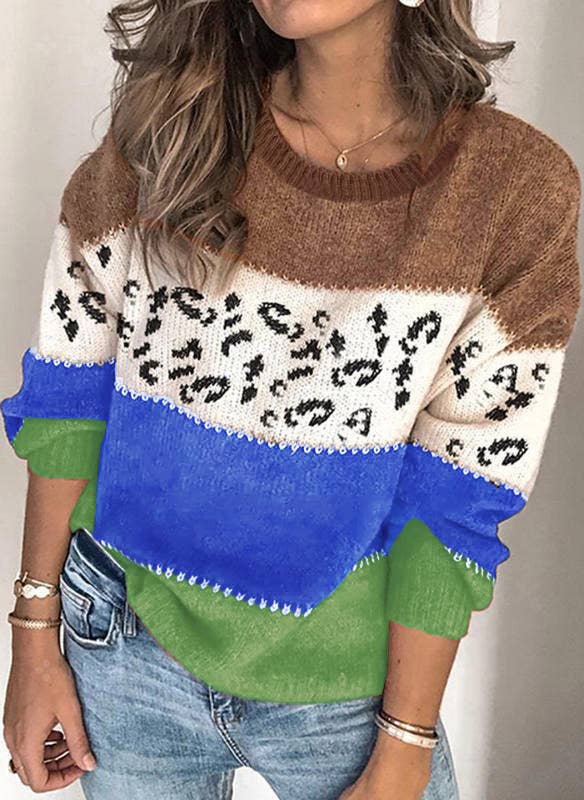 LEOPARD PRINT PATCHWORK FASHION KNIT PULLOVER