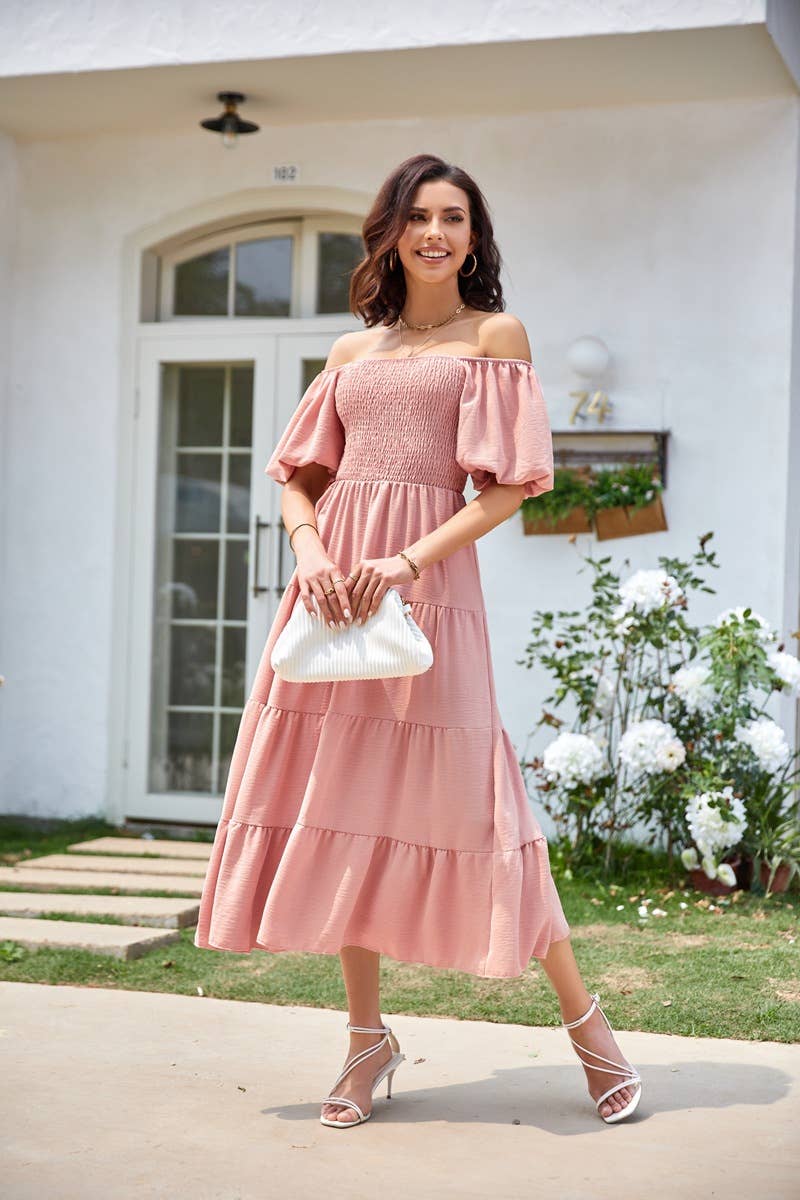 Square neck backless puffy sleeve pleated dress