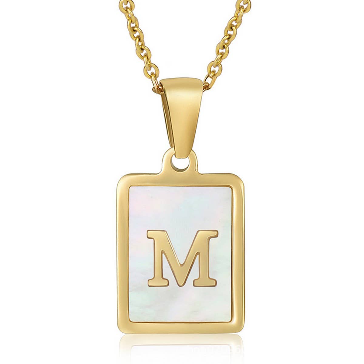 CWAJE1917_Square Stainless Steel White Shell Letter Necklace