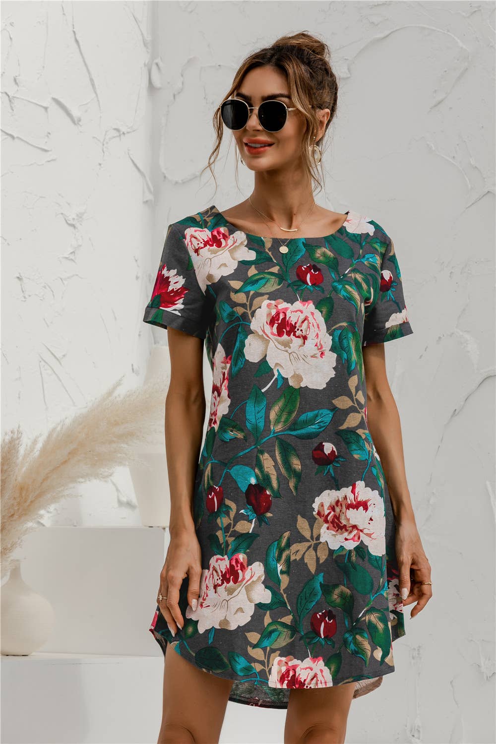 SHORT SLEEVE COTTON AND LINEN FLORAL PRINT DRESS
