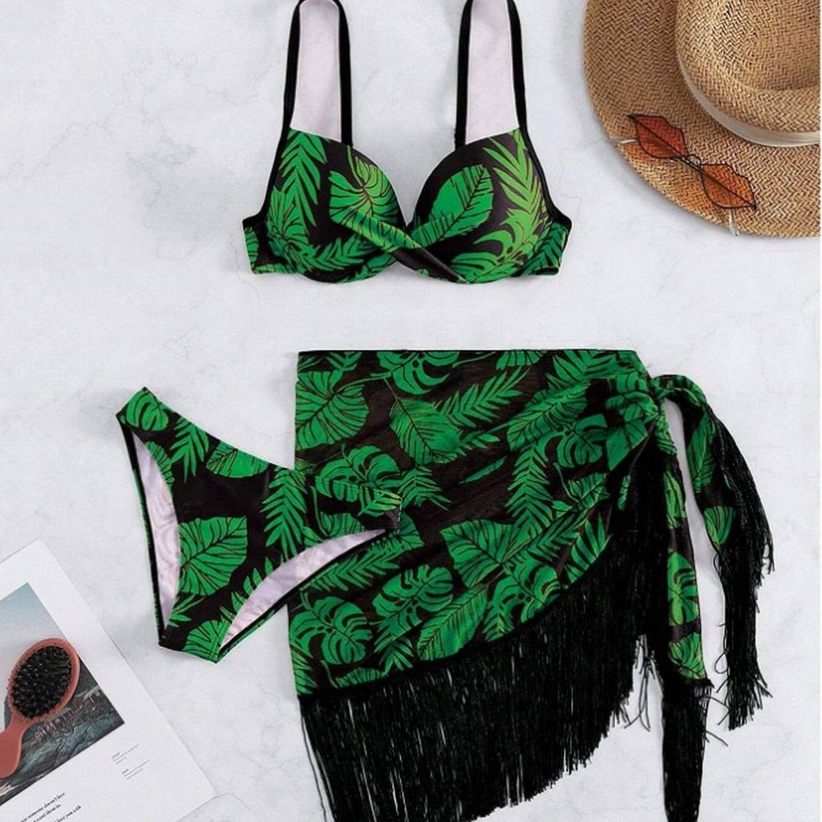 PRINTED TASSEL WRAP SKIRT THREE-PIECE SWIMSUIT_CWMW0335