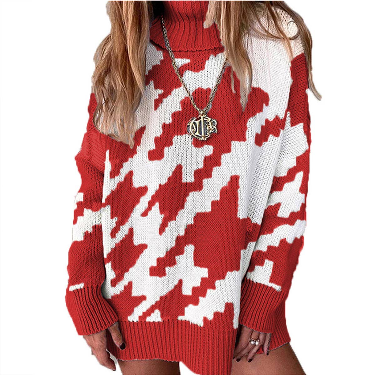 Patchwork High Neck Mid-Length Loose Knit