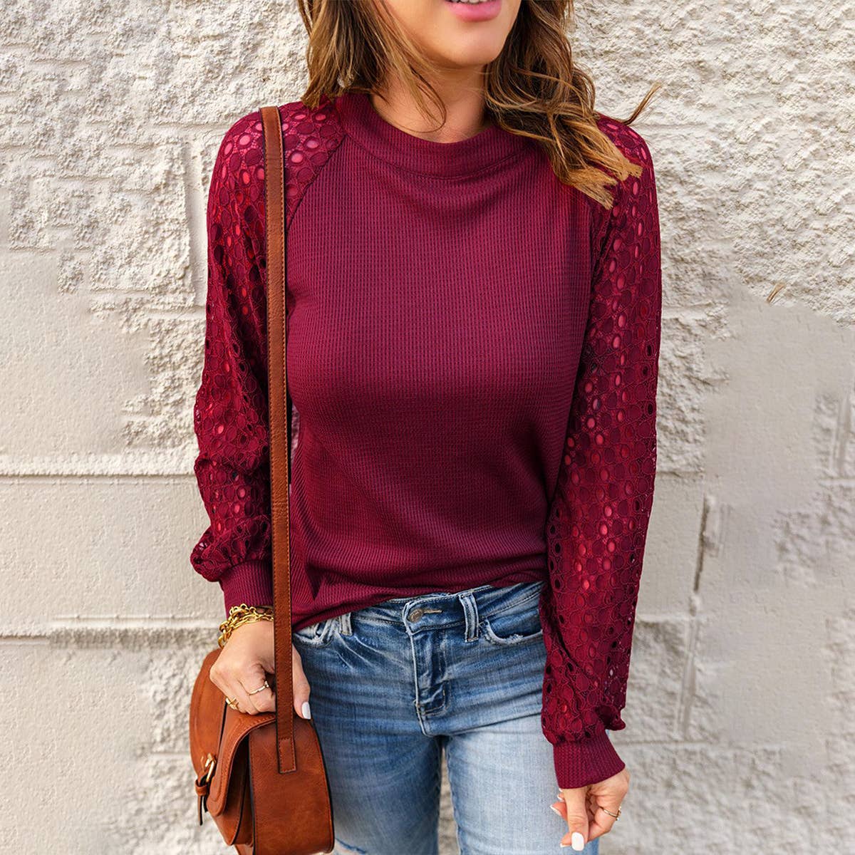 WAFFLE GREY PATCHWORK LONG SLEEVE T-SHIRT