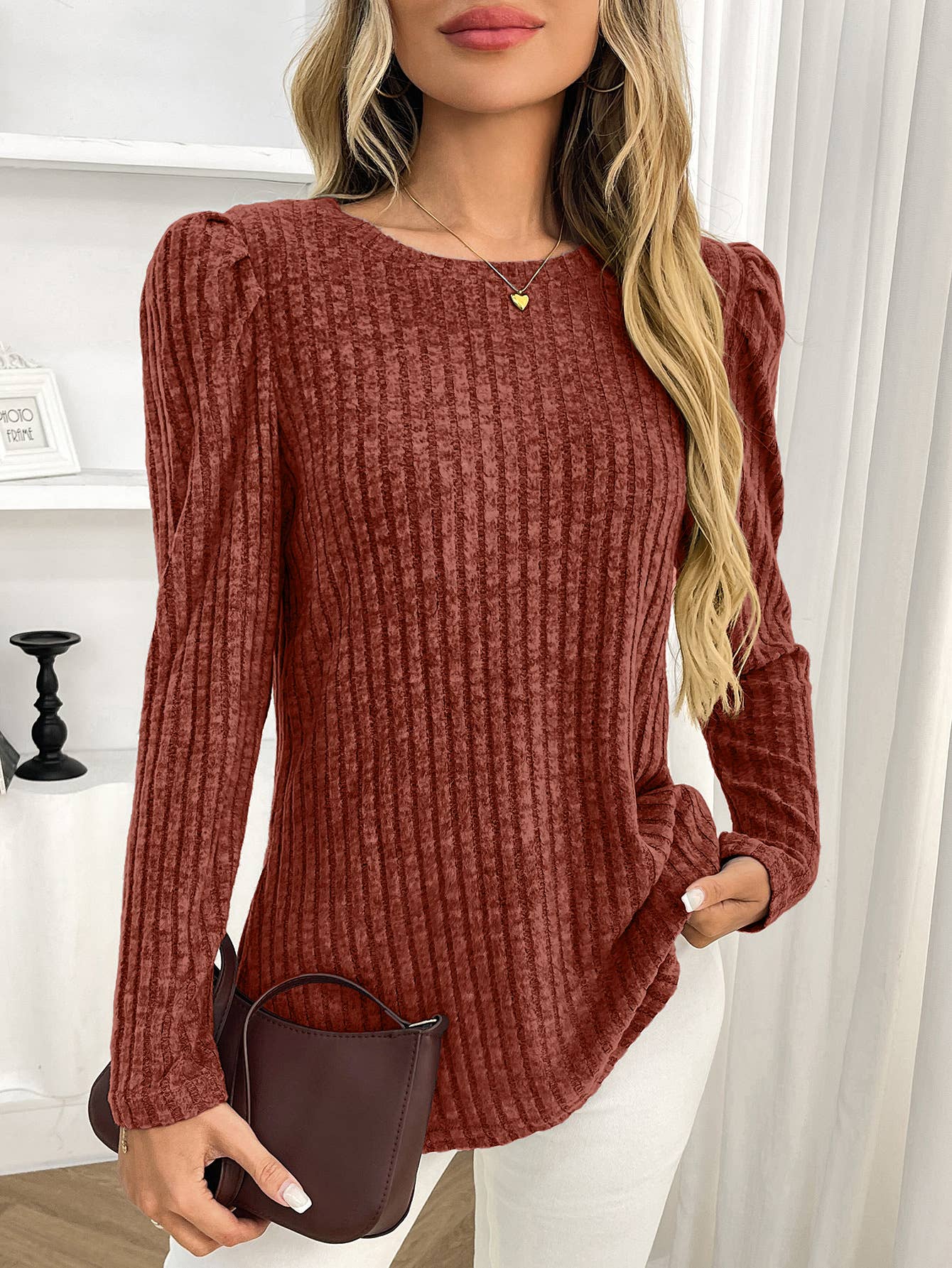 Round-neck puffed-sleeve brushed striped T-shirt