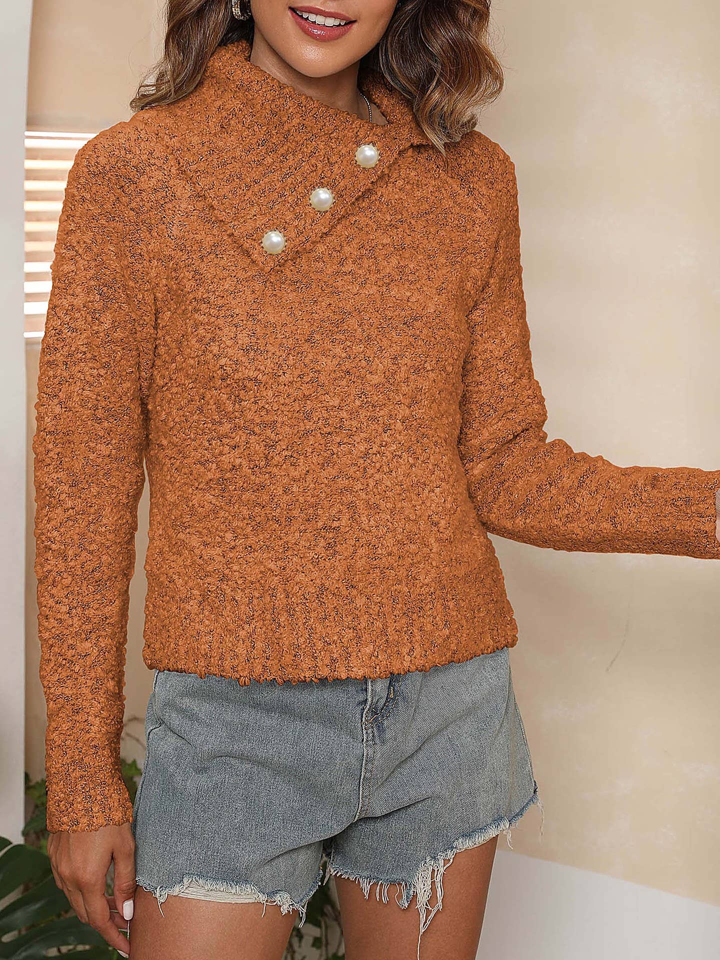 IRREGULAR LAPEL PEARL BUTTON PULLOVER SWEATER