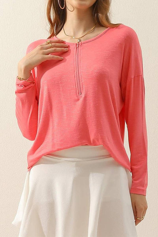 Cwttl1454_Zip Neck Long Sleeve Pullover Top